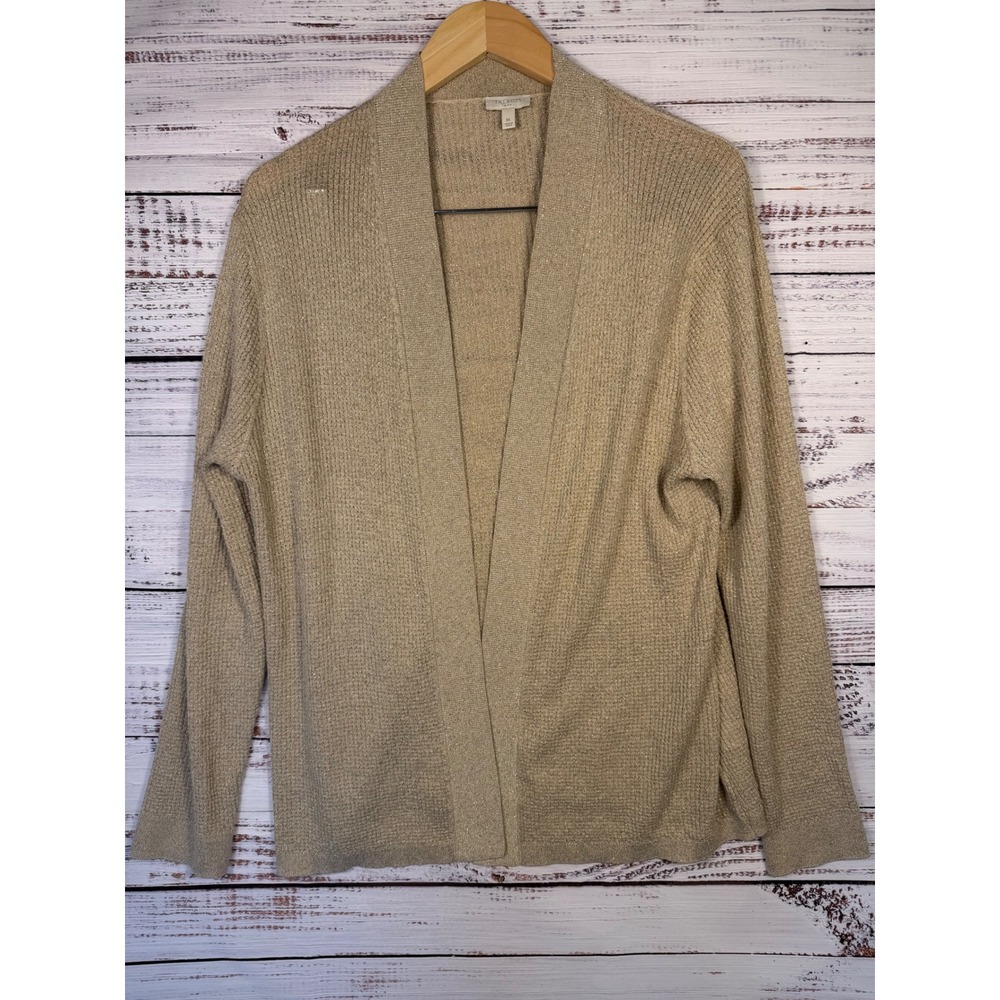 Talbots Gold Metallic Open Front Cardigan Sweater Women XL Shimmer Ribbed Knit